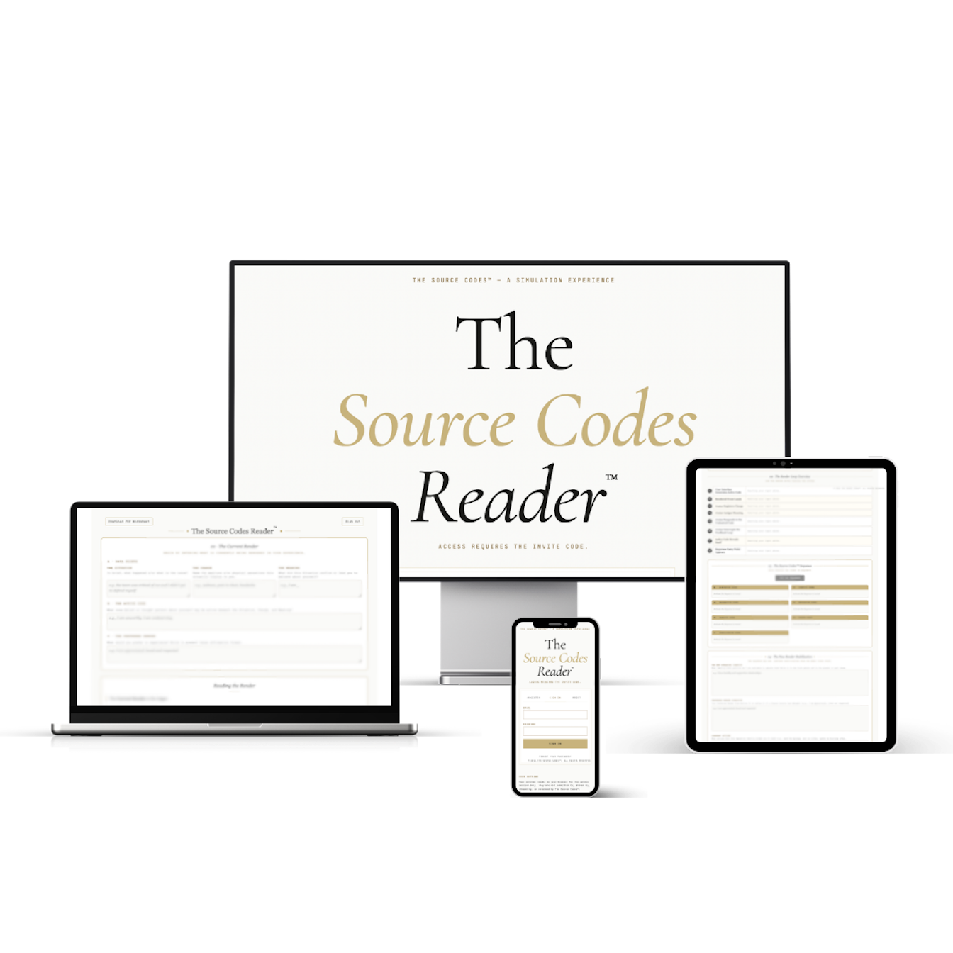 The Source Codes Reader shown on desktop, laptop, tablet, and phone